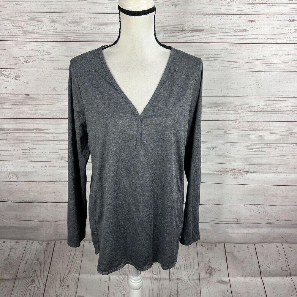 Eddie Bauer Womens Long Sleeve V-Neck Tunic Top Size Medium Gray Polyester Blend
